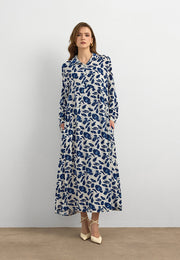 Lacivert Yaprak Desenli Pamuk Viskon Uzun Elbise