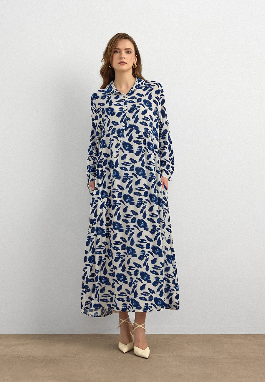 Lacivert Yaprak Desenli Pamuk Viskon Uzun Elbise