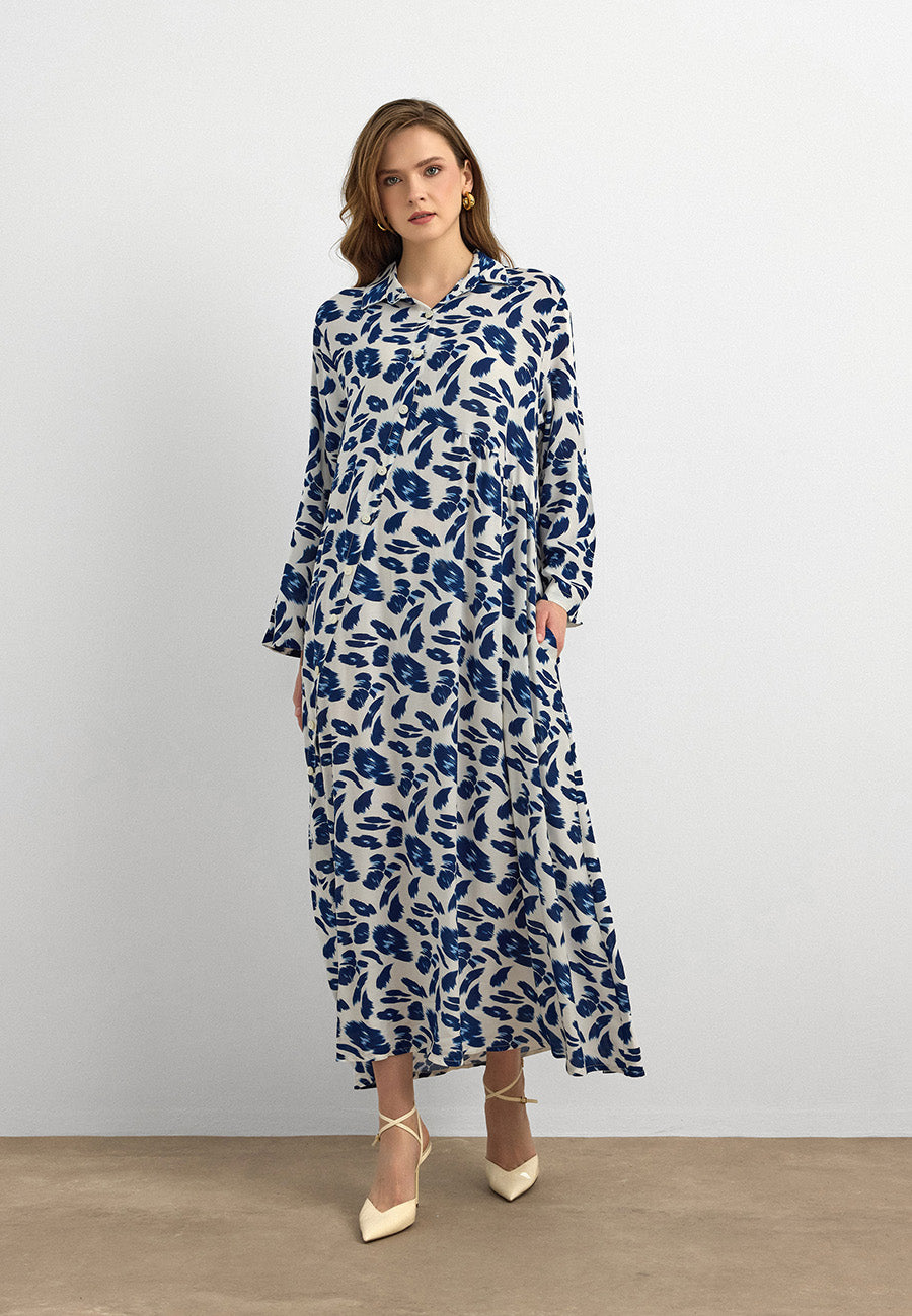Lacivert Yaprak Desenli Pamuk Viskon Uzun Elbise