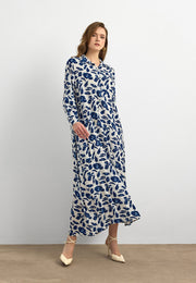 Lacivert Yaprak Desenli Pamuk Viskon Uzun Elbise