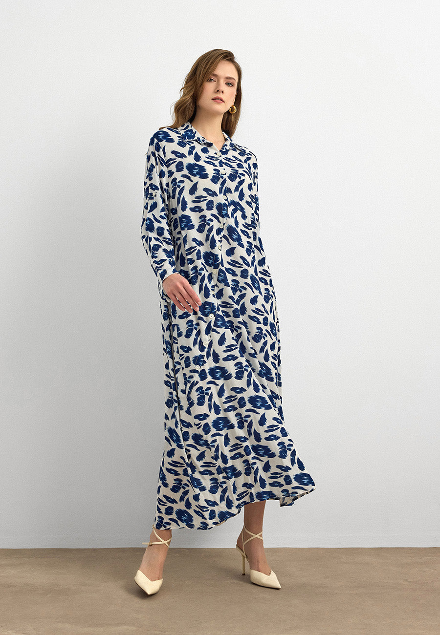 Lacivert Yaprak Desenli Pamuk Viskon Uzun Elbise