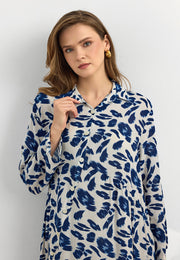 Lacivert Yaprak Desenli Pamuk Viskon Uzun Elbise