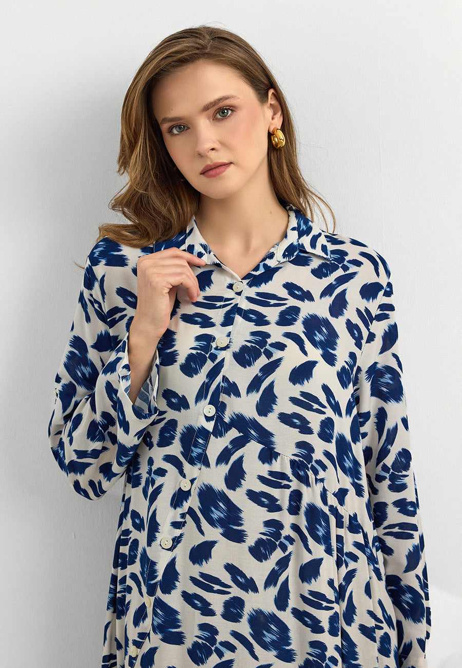 Lacivert Yaprak Desenli Pamuk Viskon Uzun Elbise