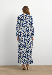 Lacivert Yaprak Desenli Pamuk Viskon Uzun Elbise
