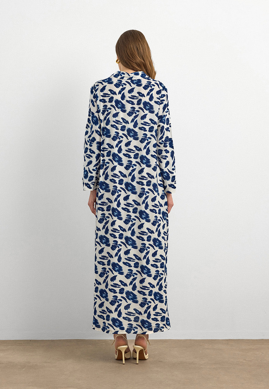 Lacivert Yaprak Desenli Pamuk Viskon Uzun Elbise