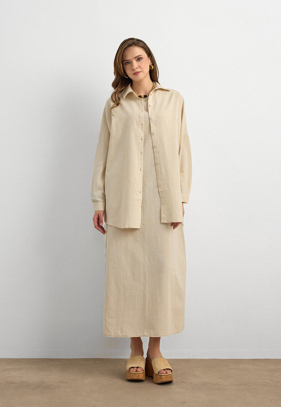 Keten Gömlekli İkili Takım Krem