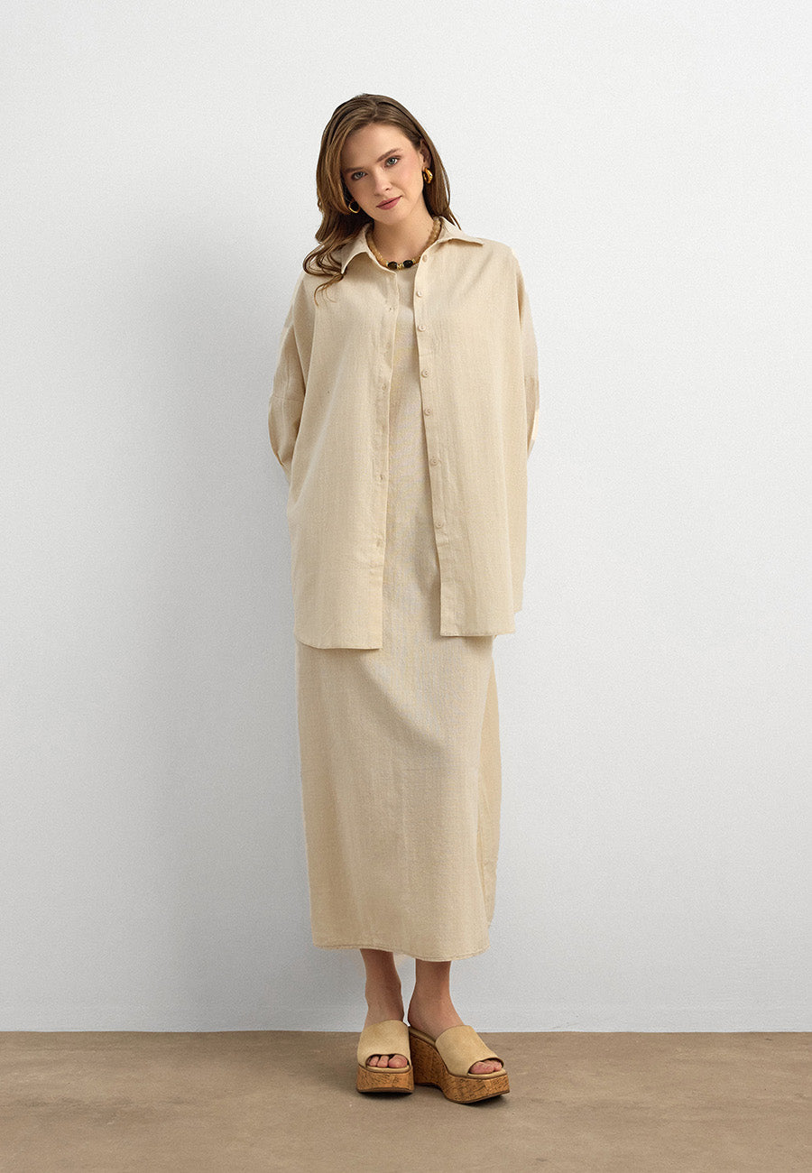 Keten Gömlekli İkili Takım Krem