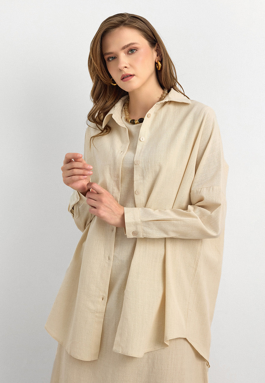 Keten Düğmeli Gömlek Krem