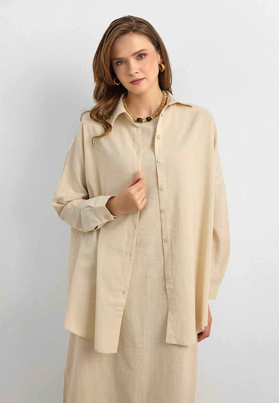 Keten Gömlekli İkili Takım Krem