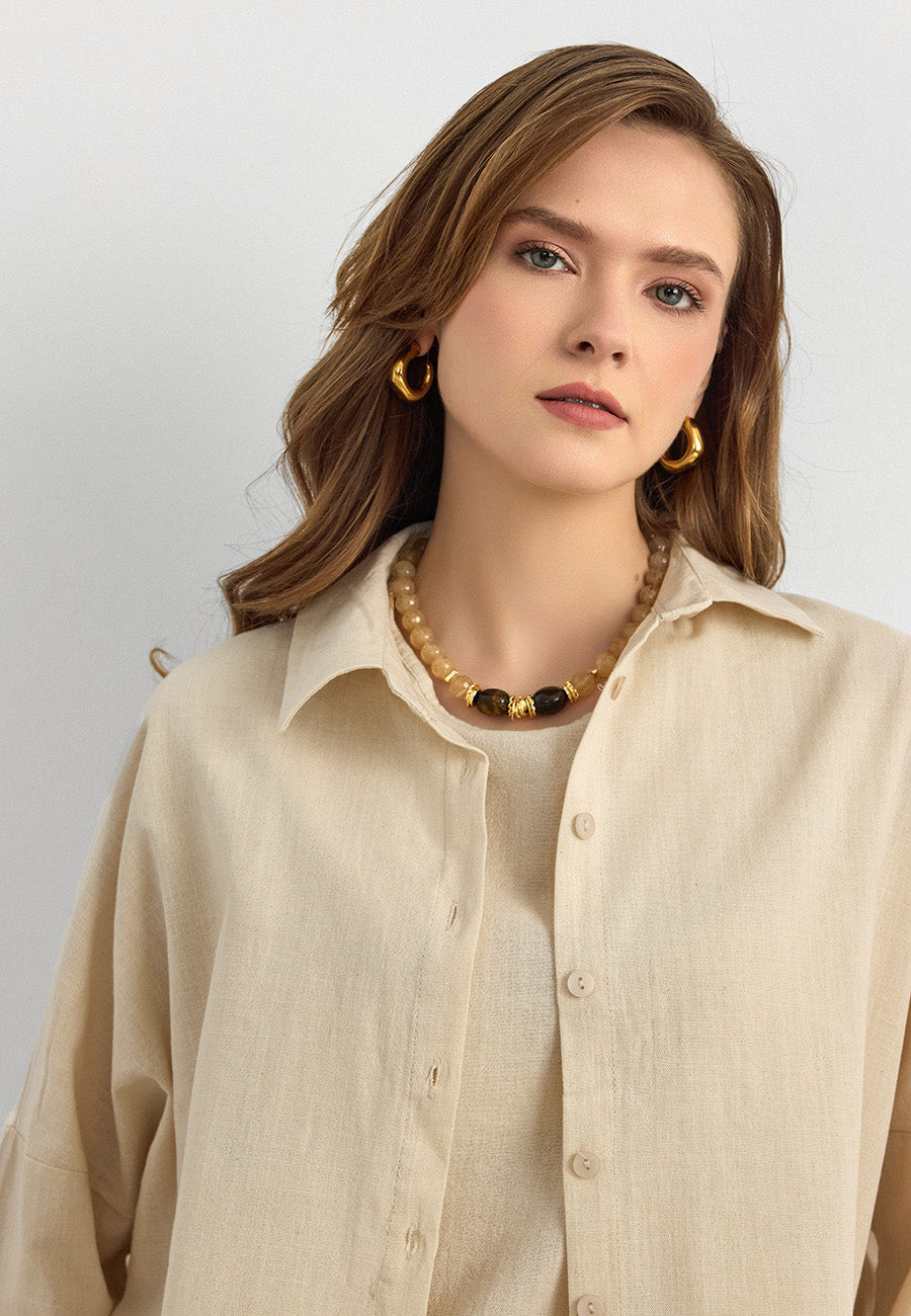 Keten Düğmeli Gömlek Krem