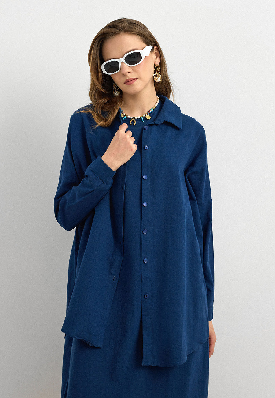 Keten Düğmeli Gömlek Lacivert