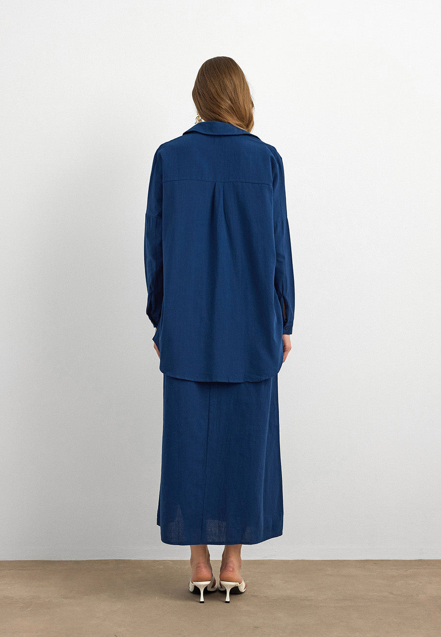 Keten Düğmeli Gömlek Lacivert