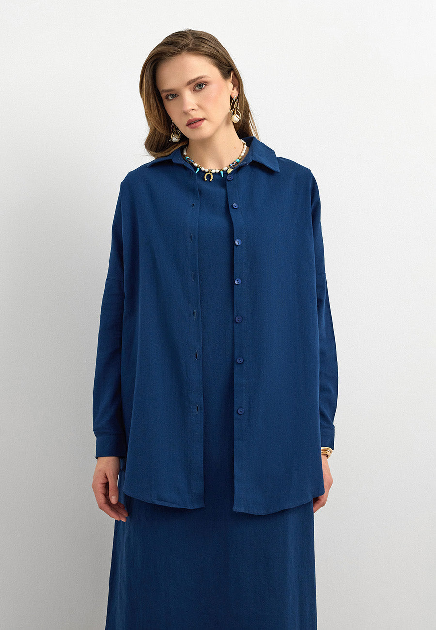 Keten Düğmeli Gömlek Lacivert