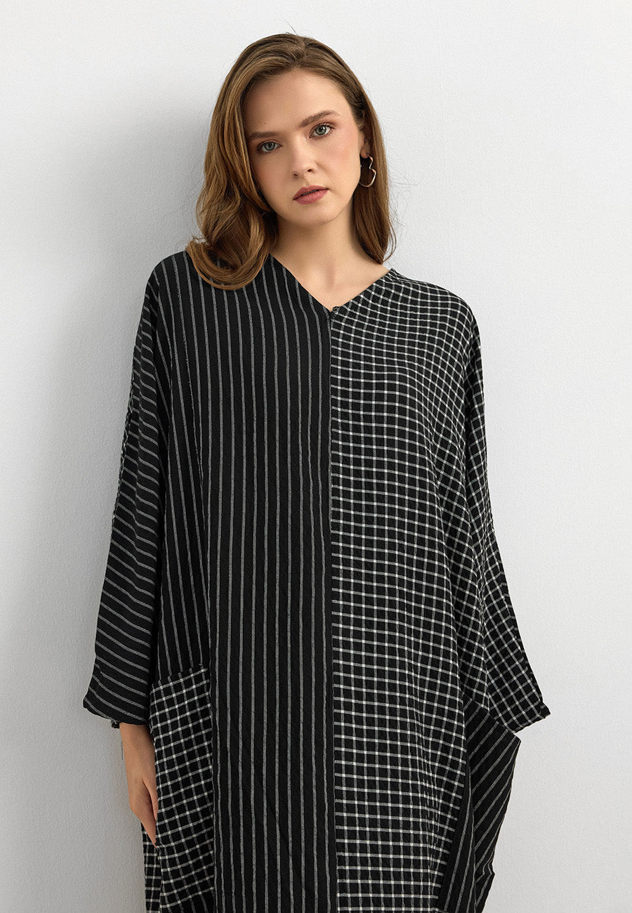 Oversize Kareli Cepli Koton Elbise