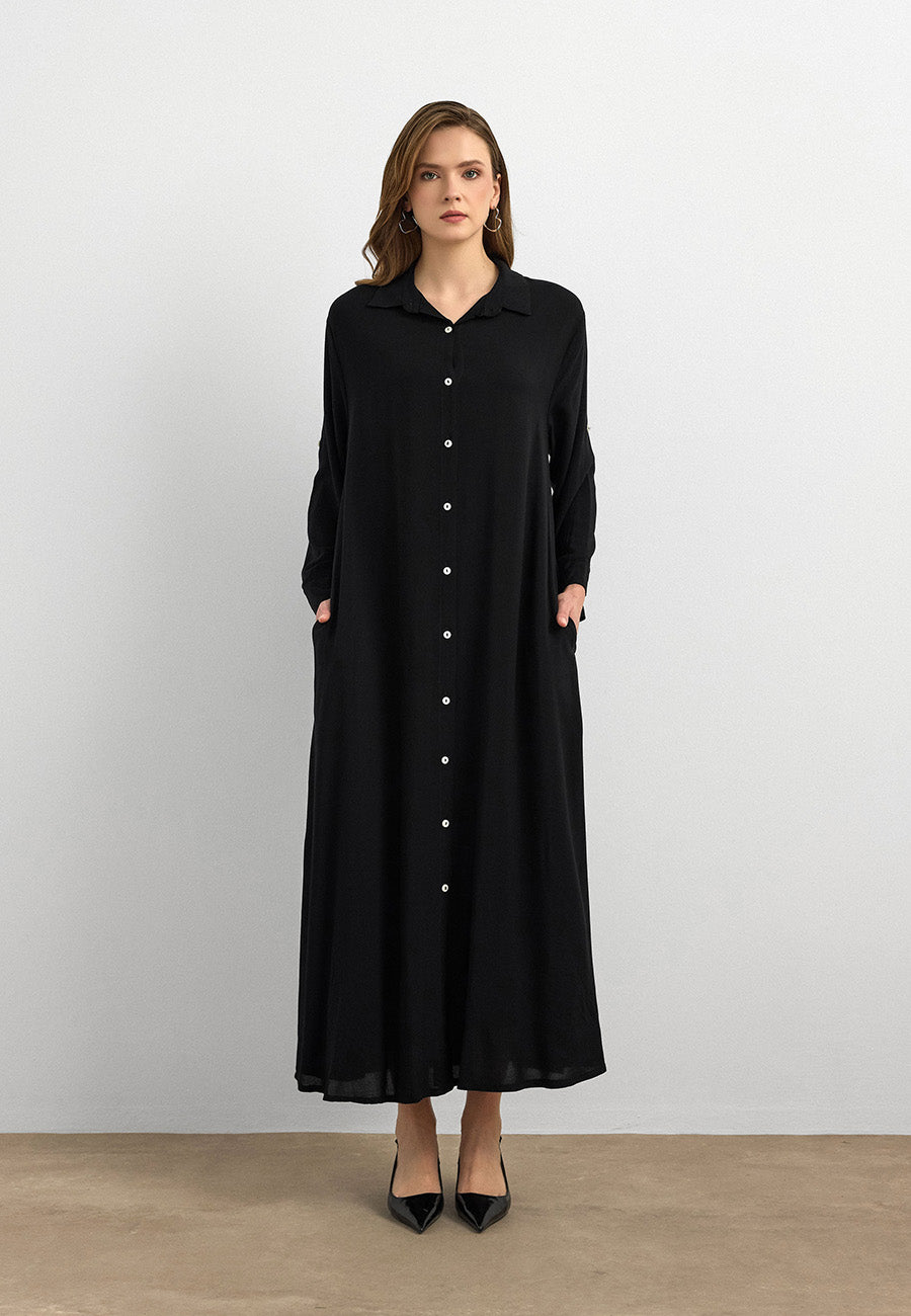 Basic Uzun Düğmeli Gömlek Elbise Siyah