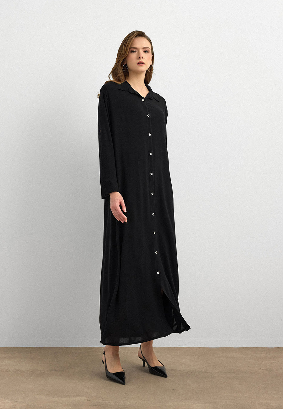 Basic Uzun Düğmeli Gömlek Elbise Siyah