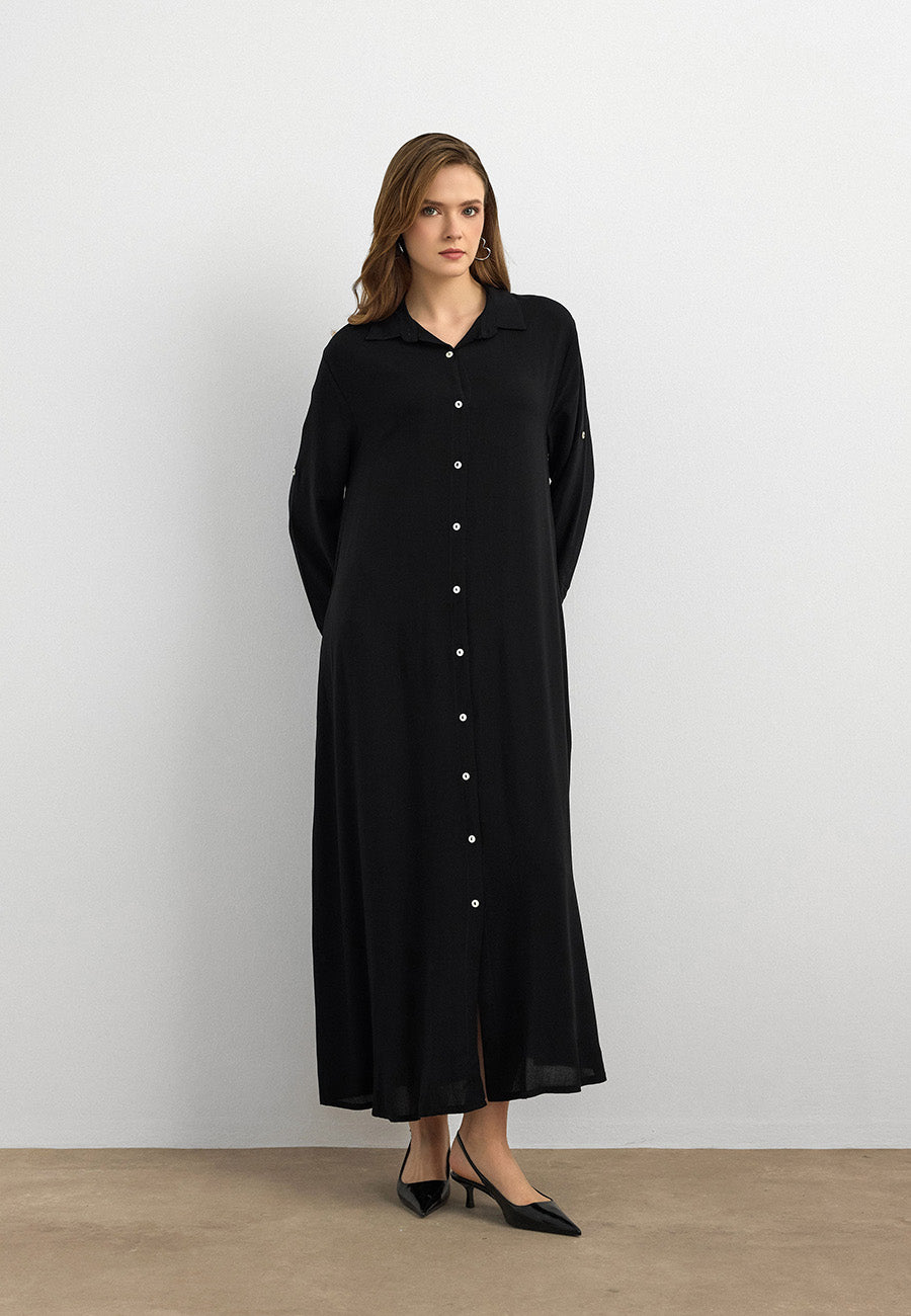 Basic Uzun Düğmeli Gömlek Elbise Siyah