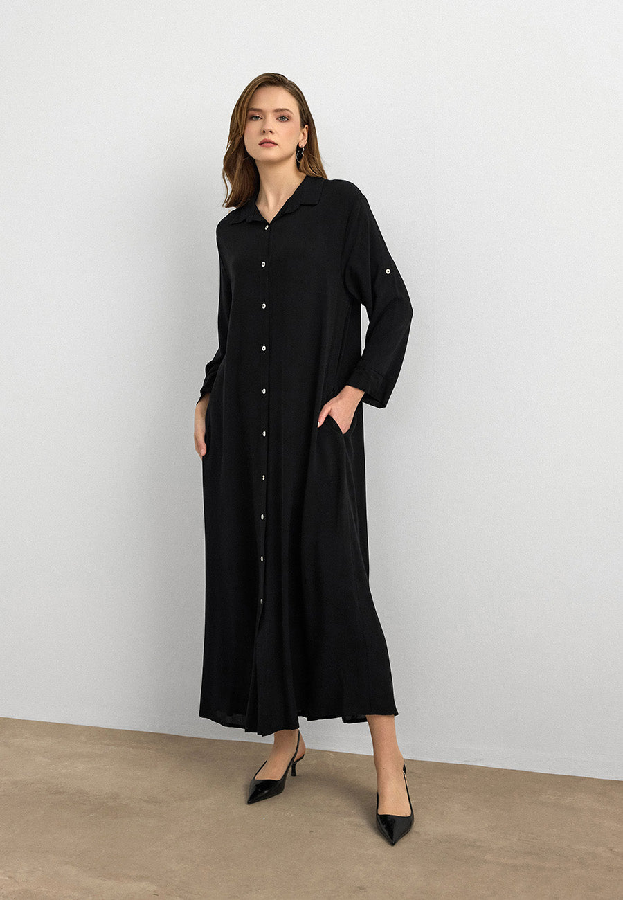 Basic Uzun Düğmeli Gömlek Elbise Siyah