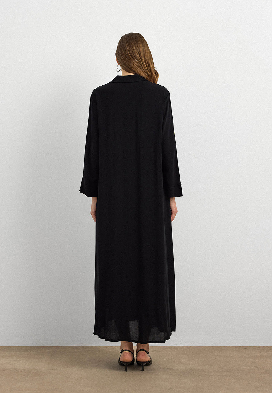 Basic Uzun Düğmeli Gömlek Elbise Siyah