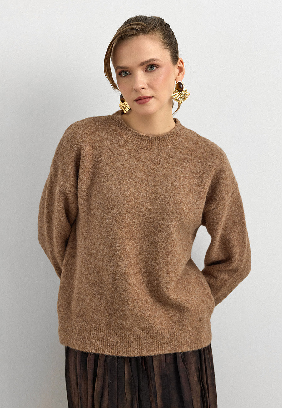 10640 Bisiklet Yaka Yumuşak Dokulu Kazak-K. Bej Mel.