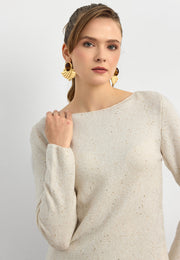 10836 Yün Karışımlı Parıltılı Kayık Yaka Kazak-Bej