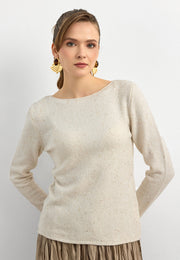 10836 Yün Karışımlı Parıltılı Kayık Yaka Kazak-Bej