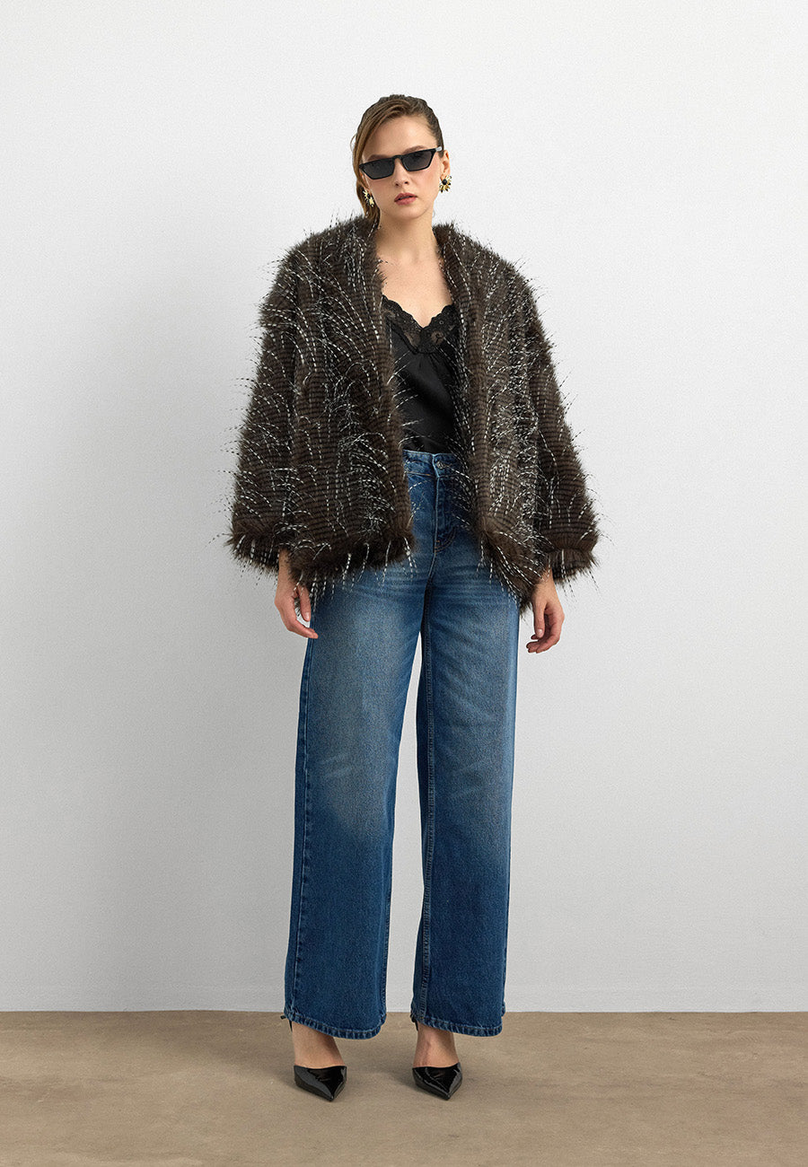 Faux Fur Efektli Kürk Ceket-Kahverengi