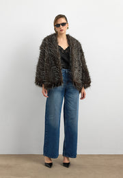 Faux Fur Efektli Kürk Ceket-Kahverengi