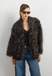 Faux Fur Efektli Kürk Ceket-Kahverengi