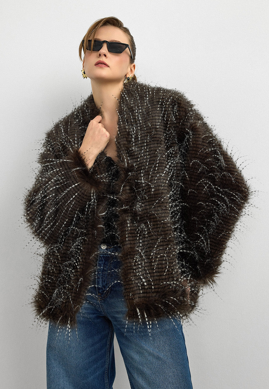 Faux Fur Efektli Kürk Ceket-Kahverengi