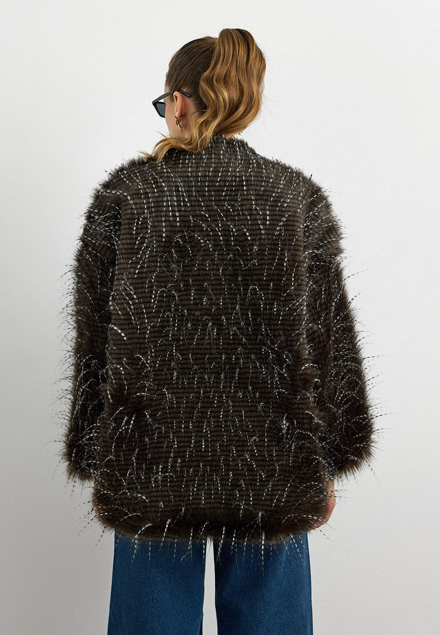 Faux Fur Efektli Kürk Ceket-Kahverengi