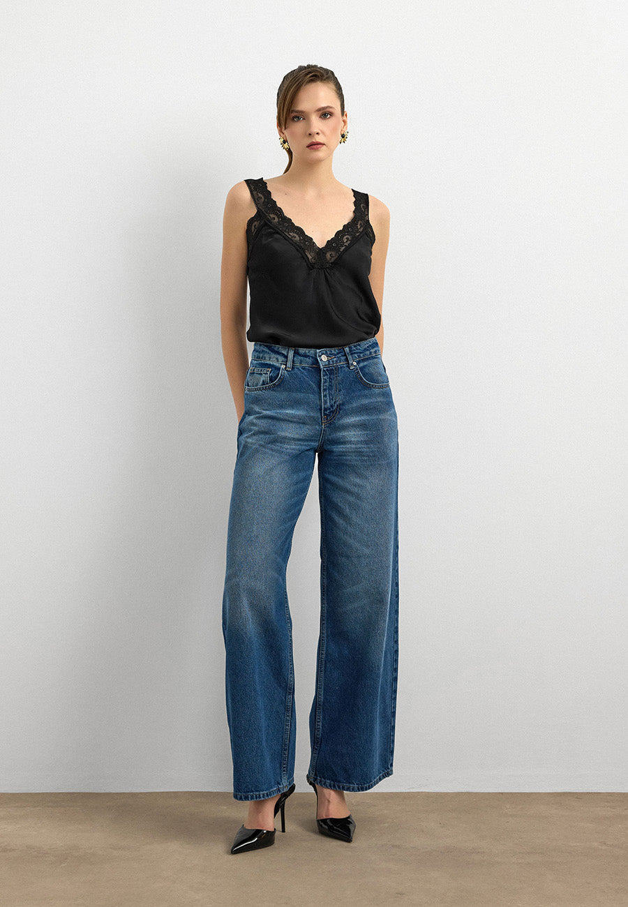 %100 Pamuk Düşük Bel Jean-Mavi