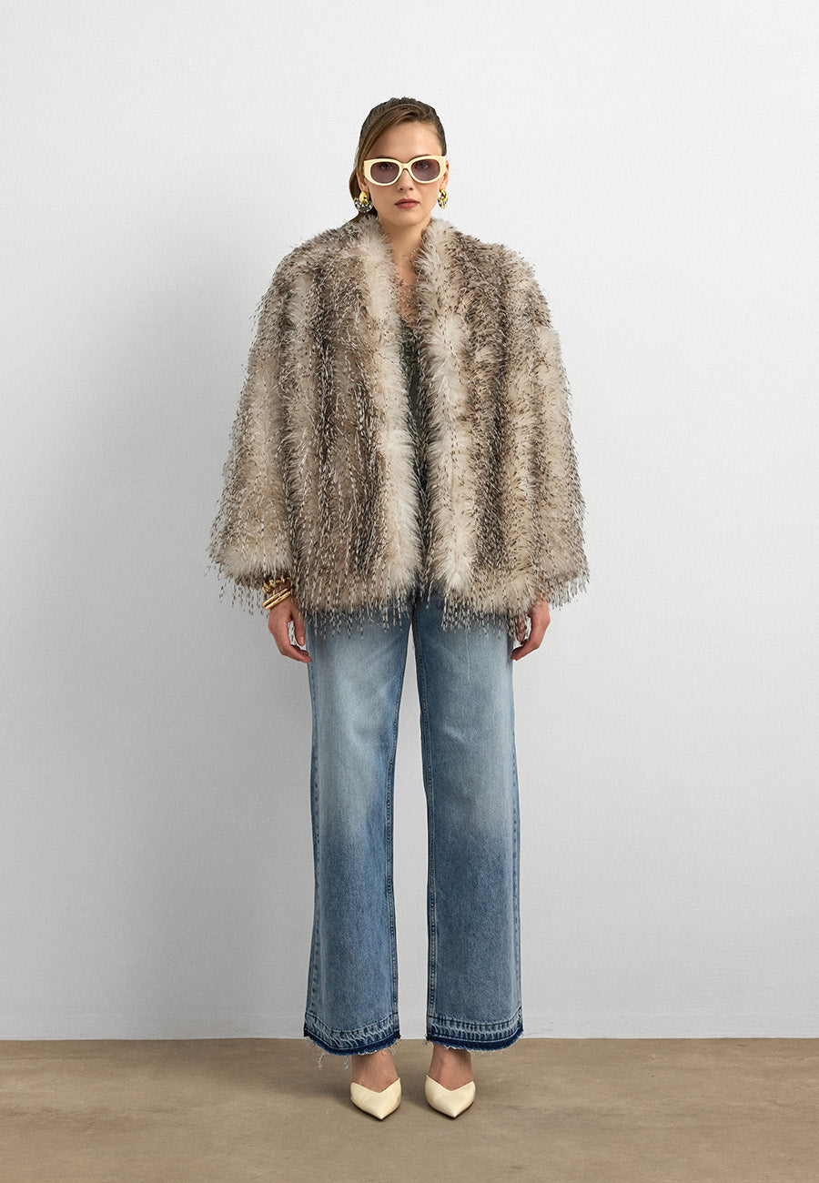 Faux Fur Efektli Kürk Ceket-Krem