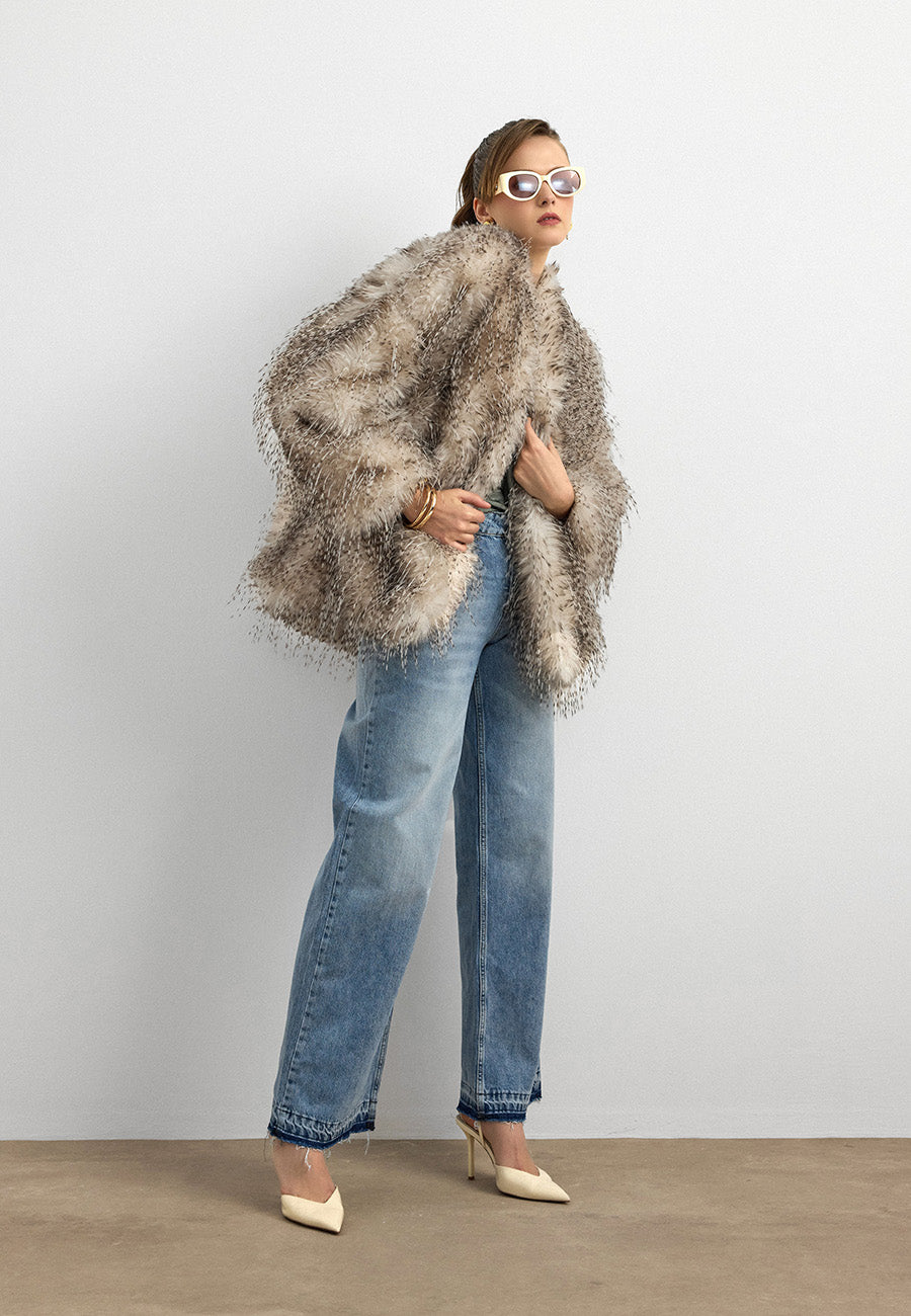 Faux Fur Efektli Kürk Ceket-Krem