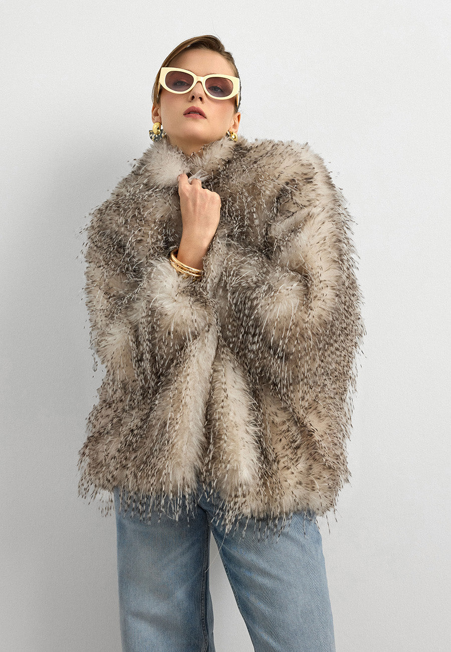 Faux Fur Efektli Kürk Ceket-Krem