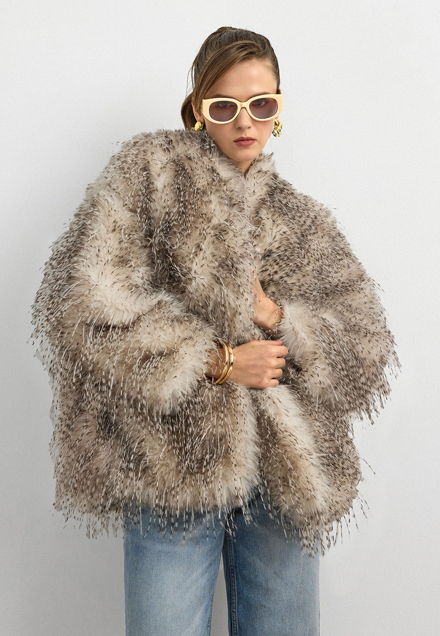 Faux Fur Efektli Kürk Ceket-Krem