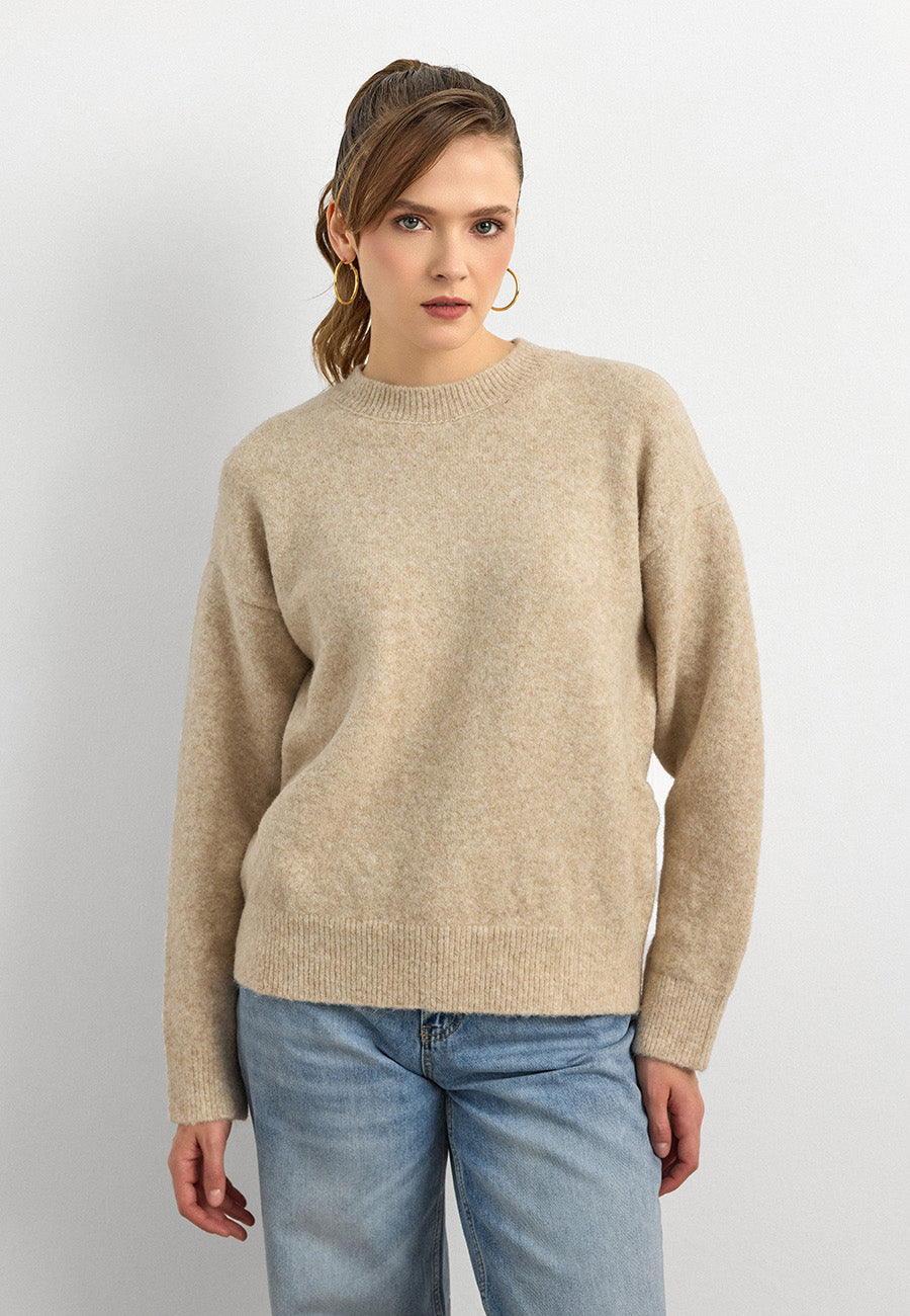 10640 Bisiklet Yaka Yumuşak Dokulu Kazak-A. Bej Mel.