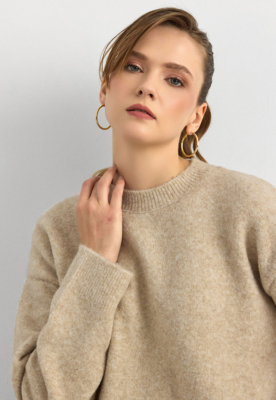 10640 Bisiklet Yaka Yumuşak Dokulu Kazak-A. Bej Mel.