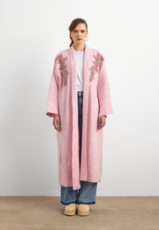 Uzun Çift Taraflı El İşlemeli Triko Hırka Pembe