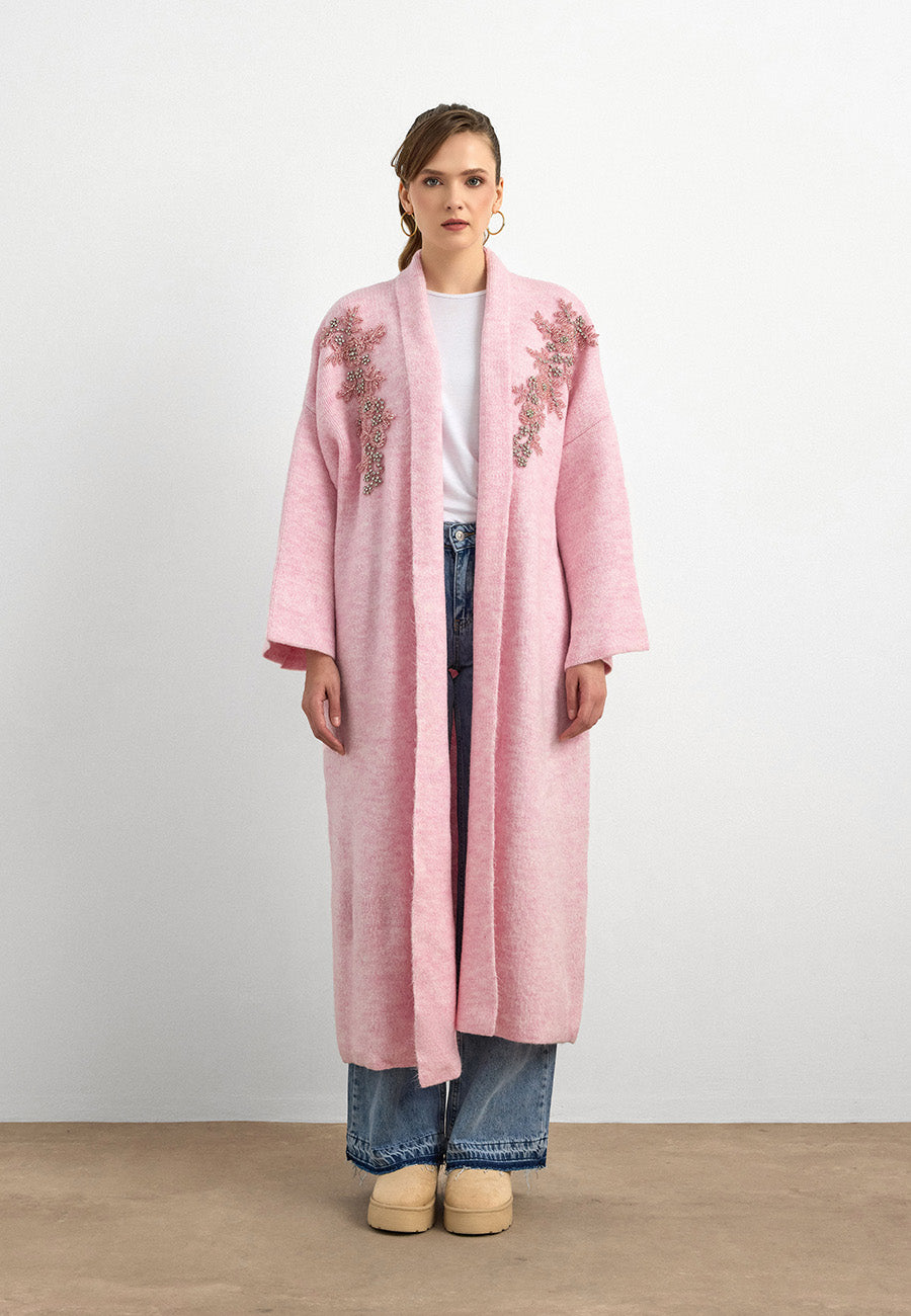 Uzun Çift Taraflı El İşlemeli Triko Hırka Pembe