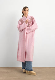 Uzun Çift Taraflı El İşlemeli Triko Hırka Pembe