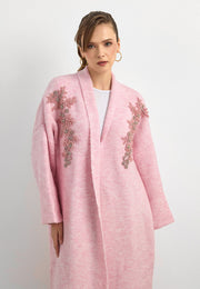 Uzun Çift Taraflı El İşlemeli Triko Hırka Pembe