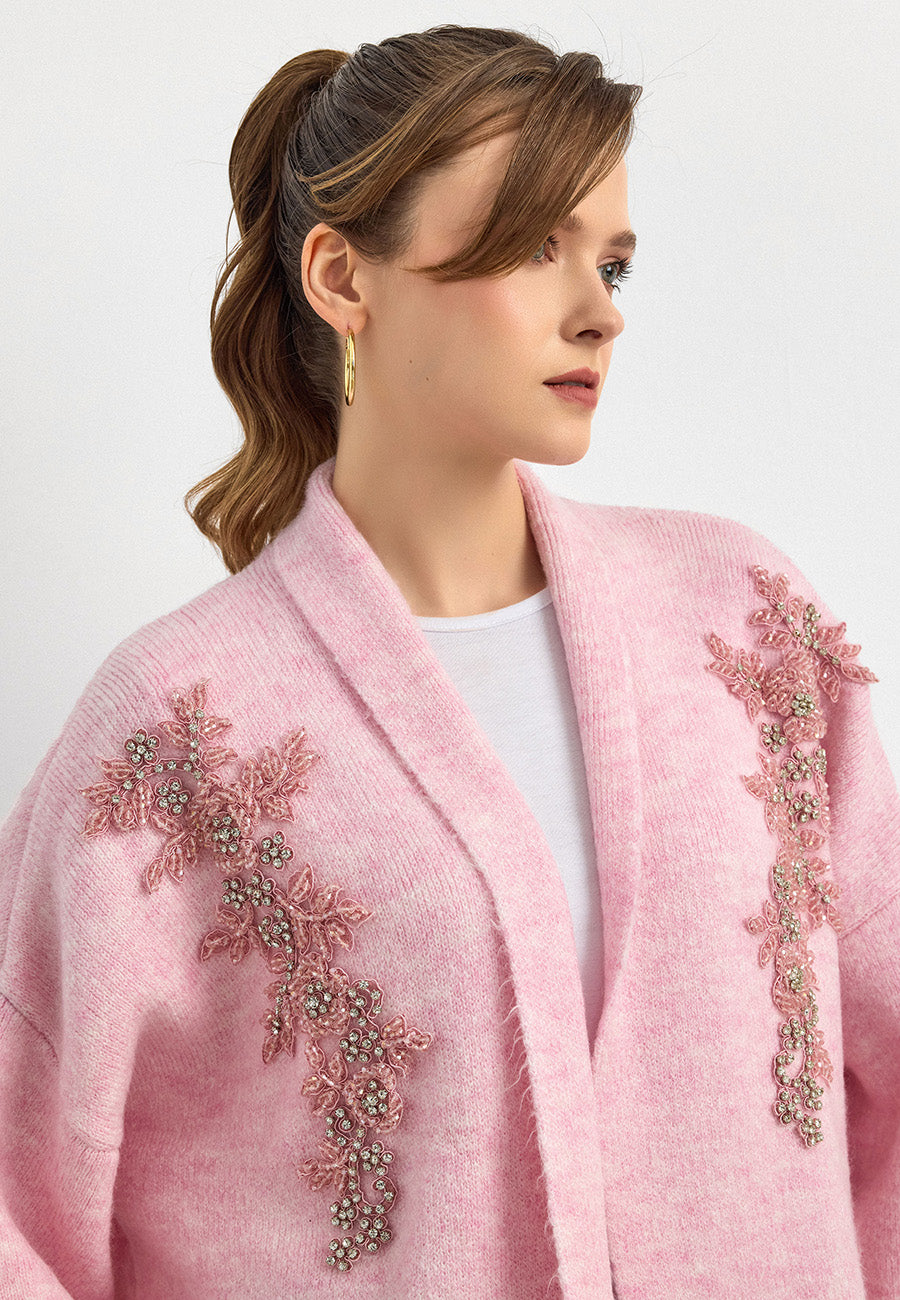 Uzun Çift Taraflı El İşlemeli Triko Hırka Pembe