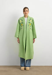 Uzun Çift Taraflı El İşlemeli Triko Hırka Elma Yeşili