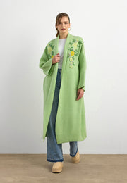 Uzun Çift Taraflı El İşlemeli Triko Hırka Elma Yeşili