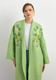 Uzun Çift Taraflı El İşlemeli Triko Hırka Elma Yeşili