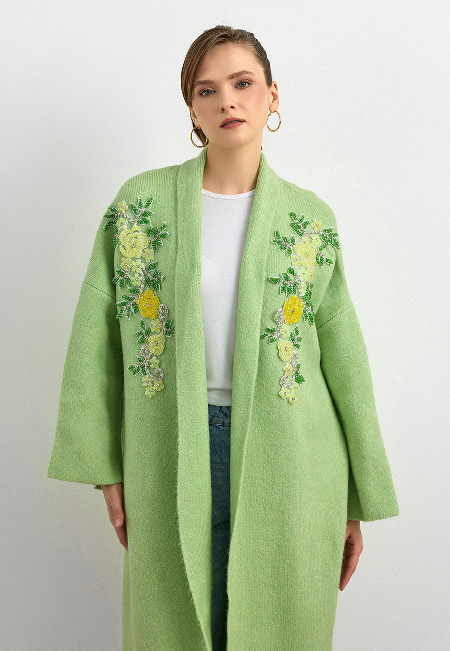 Uzun Çift Taraflı El İşlemeli Triko Hırka Elma Yeşili