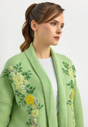 Uzun Çift Taraflı El İşlemeli Triko Hırka Elma Yeşili