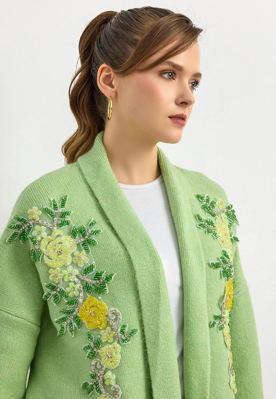 Uzun Çift Taraflı El İşlemeli Triko Hırka Elma Yeşili