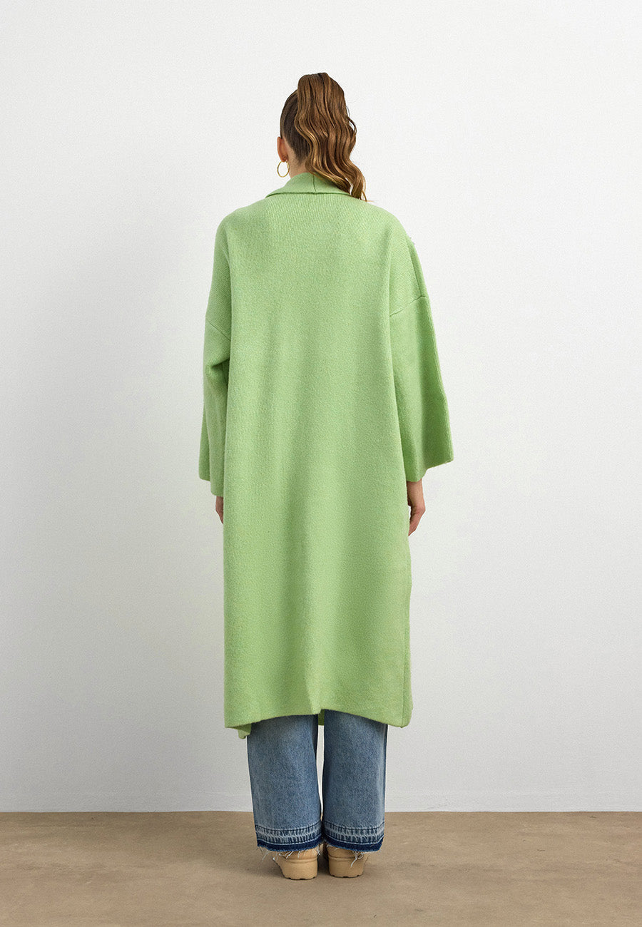 Uzun Çift Taraflı El İşlemeli Triko Hırka Elma Yeşili